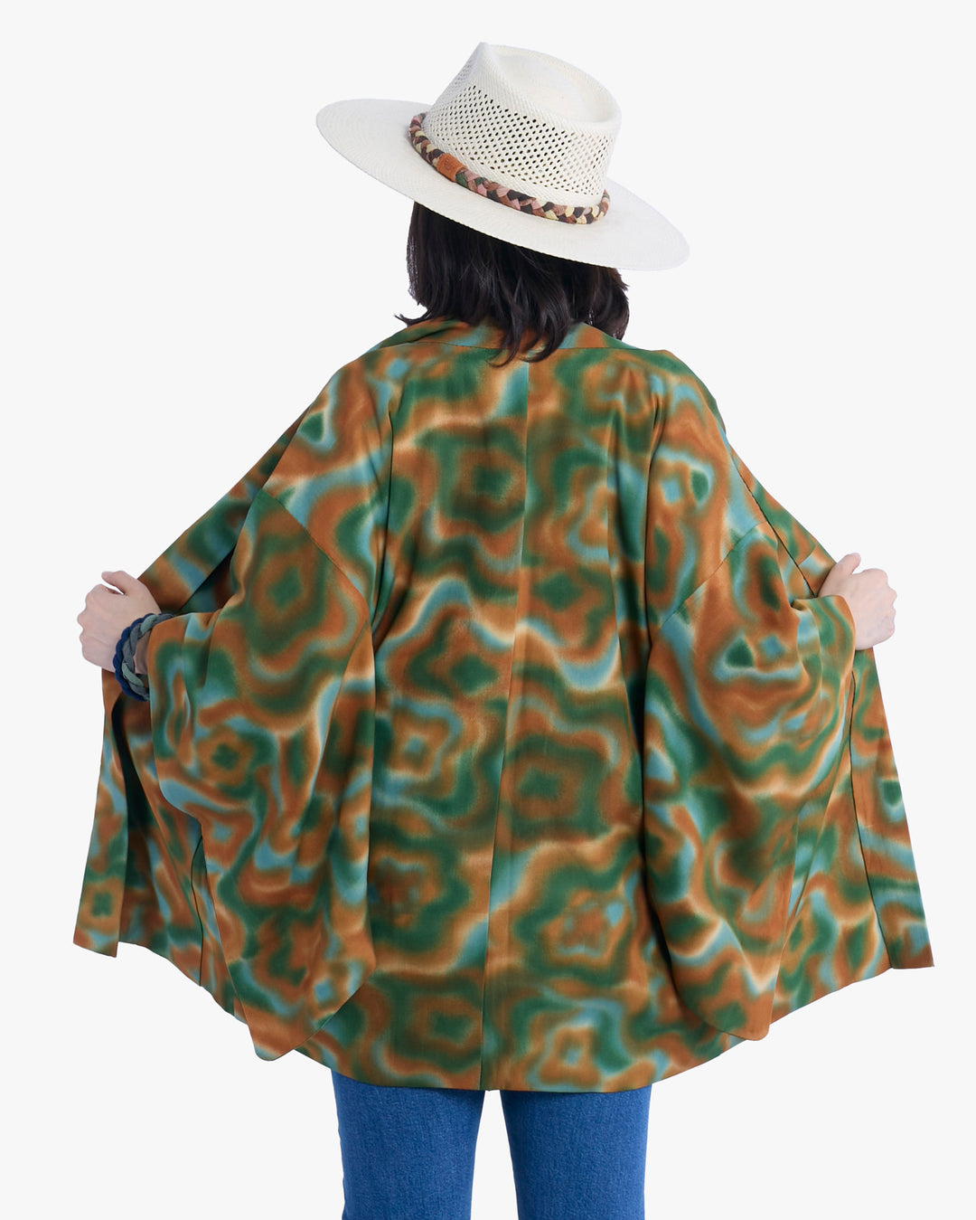 Vintage Haori Jacket, Meisen, Green Orange Waves