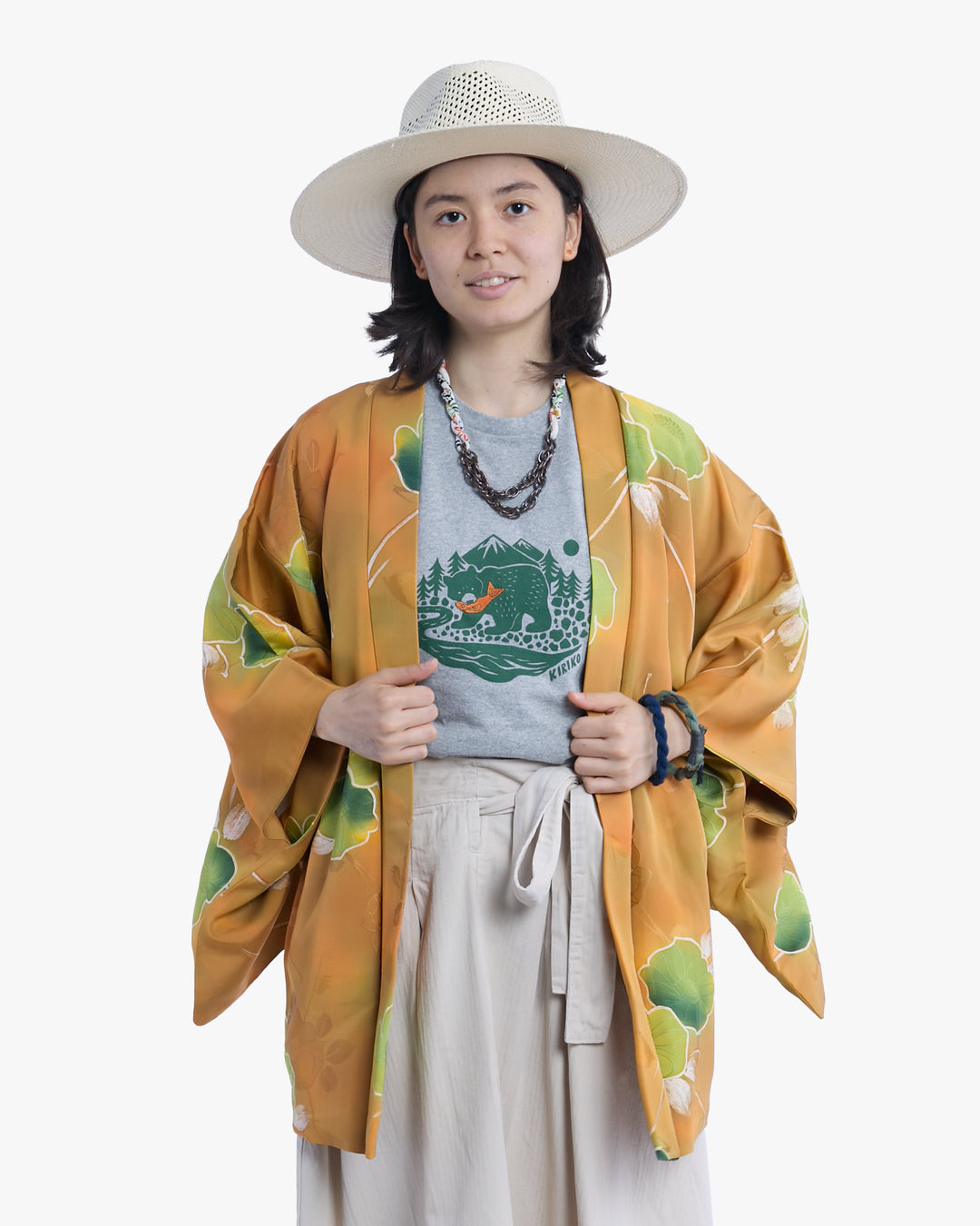 Vintage Haori Jacket, Orange with Green Flowers