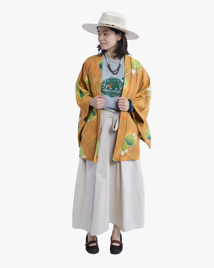 Vintage Haori Jacket, Orange with Green Flowers