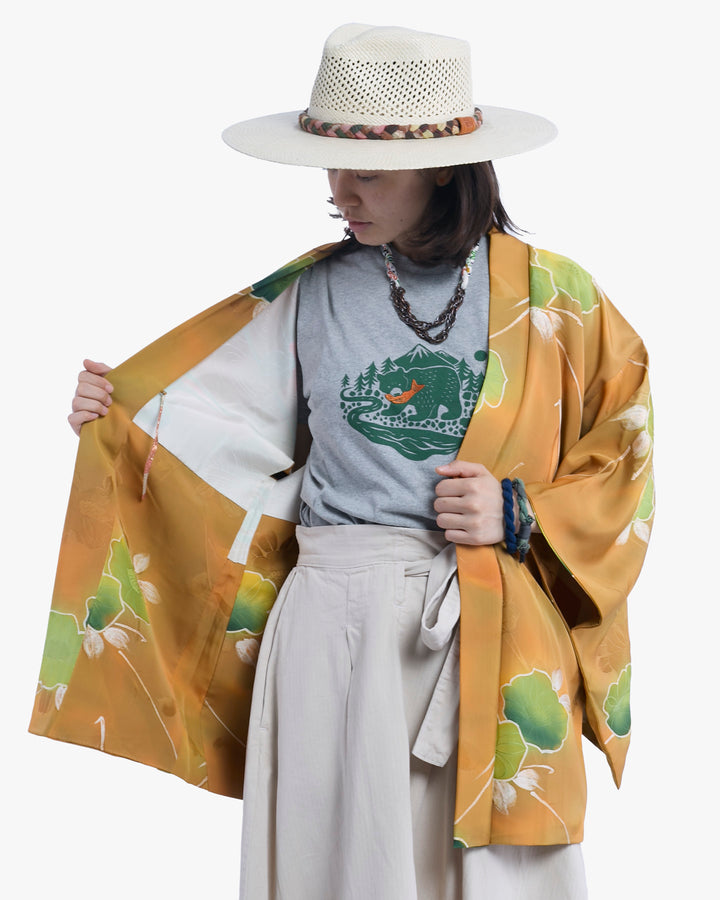 Vintage Haori Jacket, Orange with Green Flowers