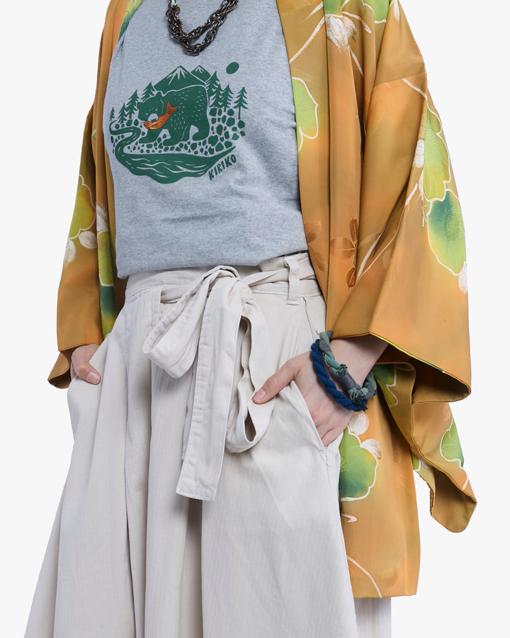 Vintage Haori Jacket, Orange with Green Flowers