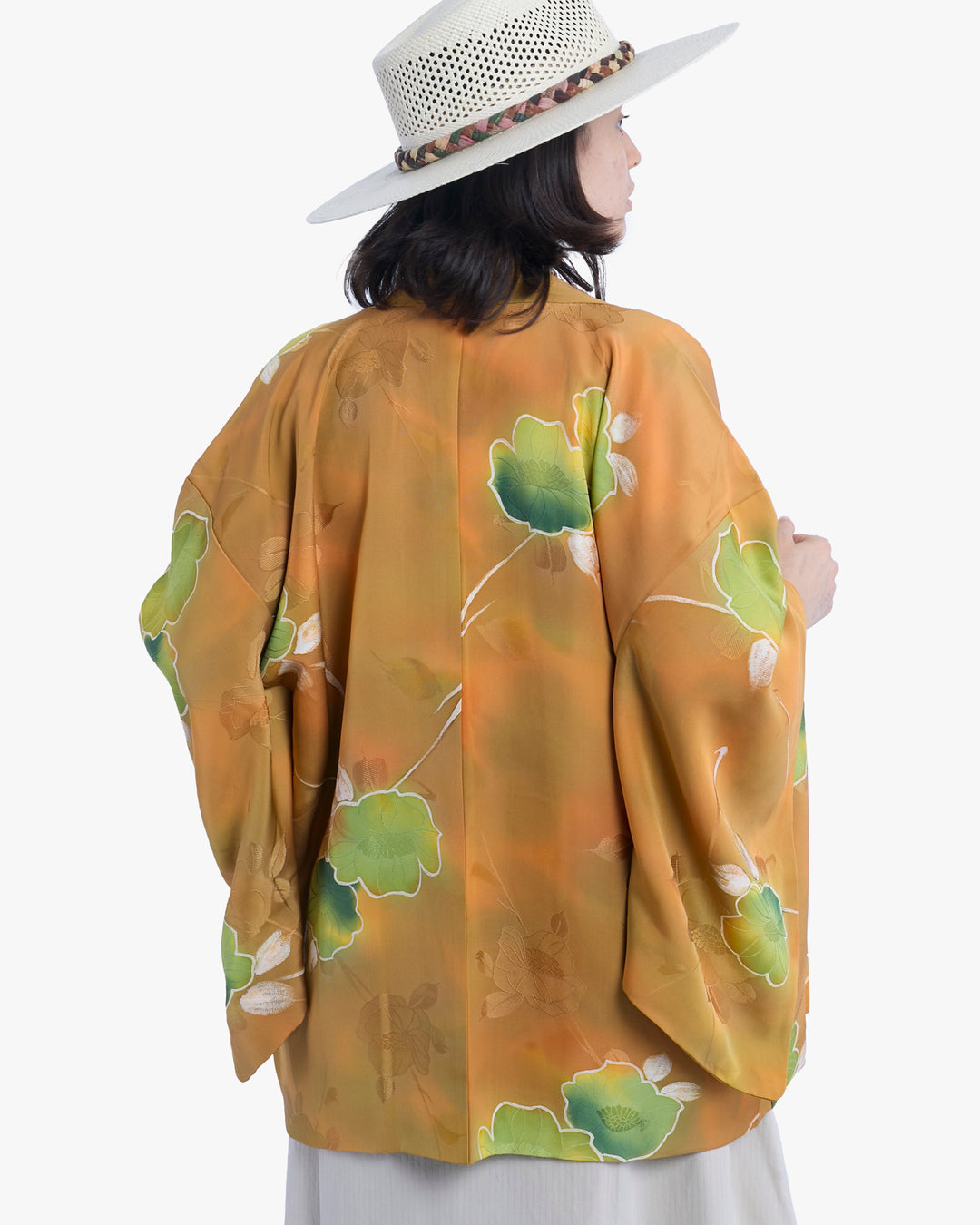 Vintage Haori Jacket, Orange with Green Flowers