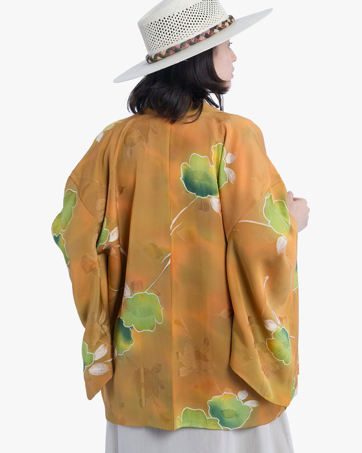 Vintage Haori Jacket, Orange with Green Flowers
