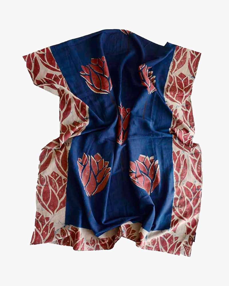 Ichcha, Blue Block Print Scarf, Scarlet &