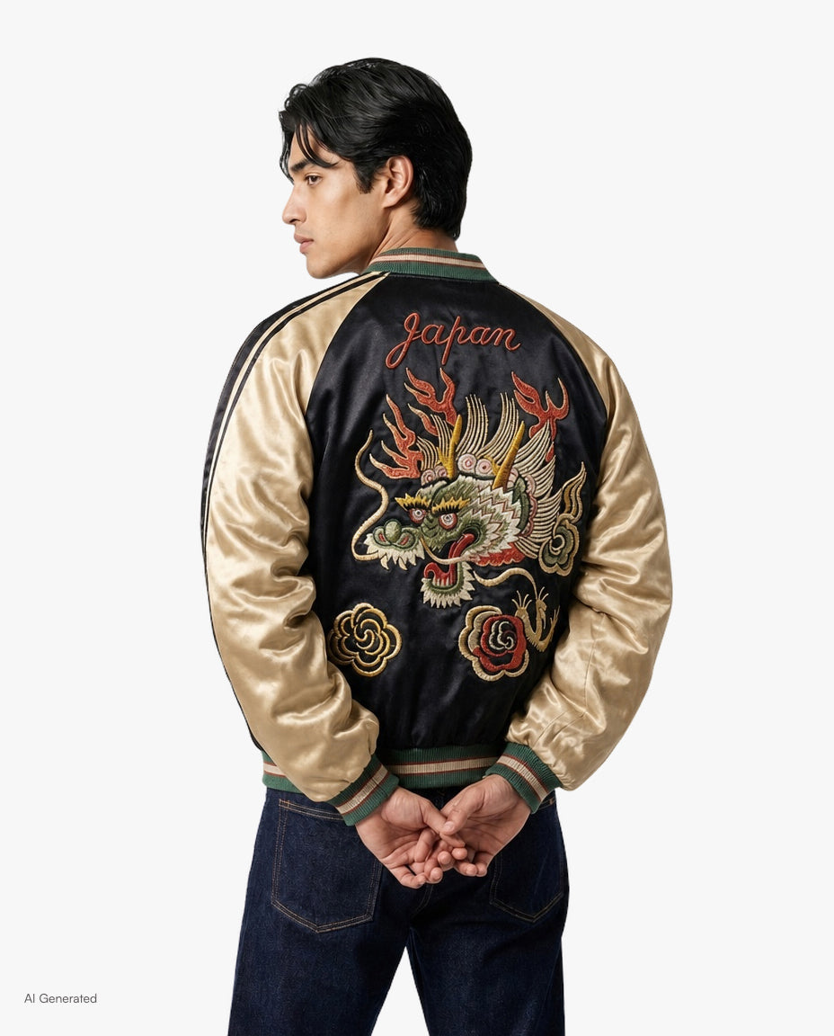 Japanese Repro Souvenir Jacket, Reversible, L, Toyo Enterprises, Dragon in Black, Gold, and Brown
