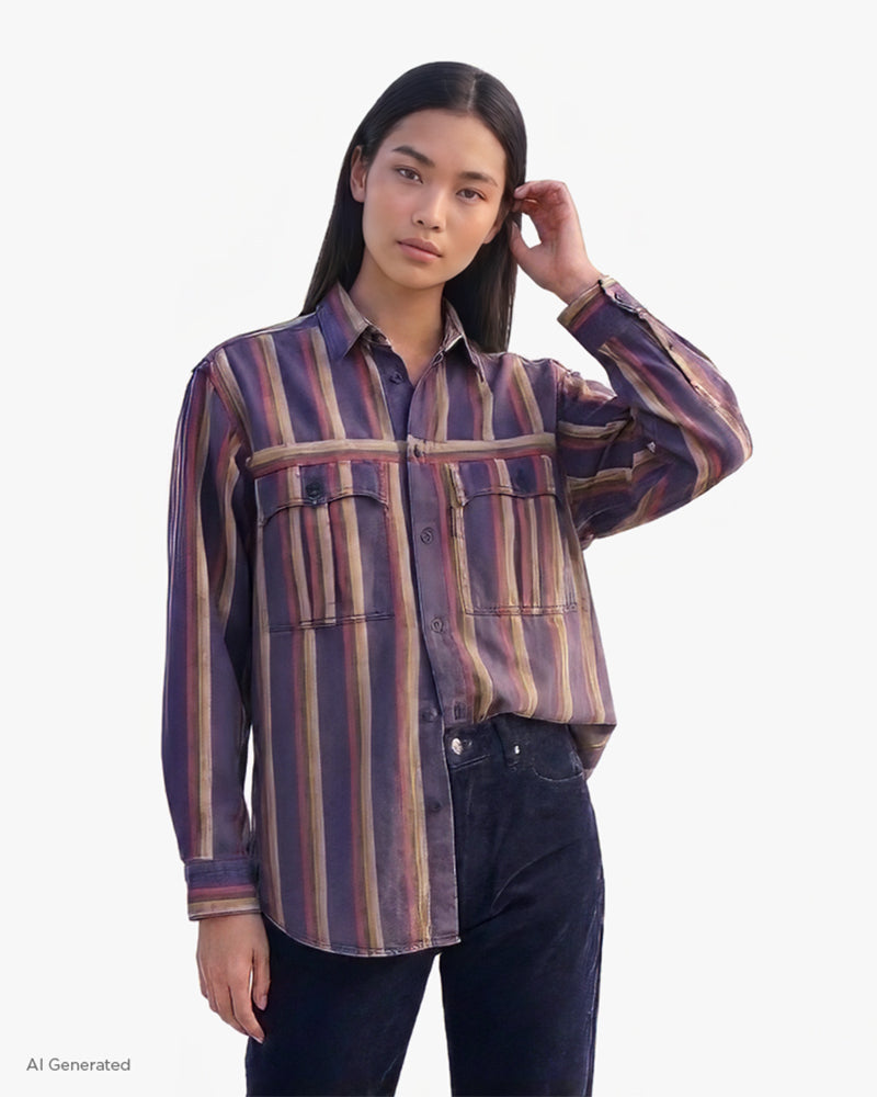Japanese Repro Long-Sleeve Shirt, S, Nigel Cabourn, Blue with Multicolor Stripes
