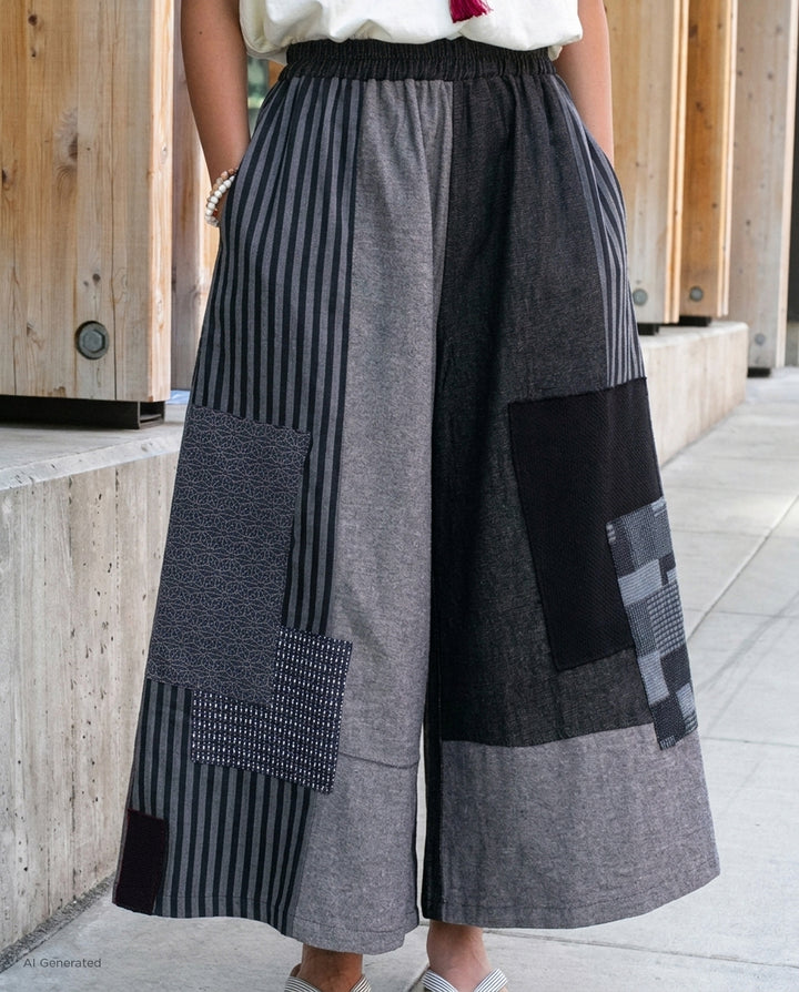 Kiriko Custom Wide Leg Pants, Black and Charcoal Patched, Ver 3