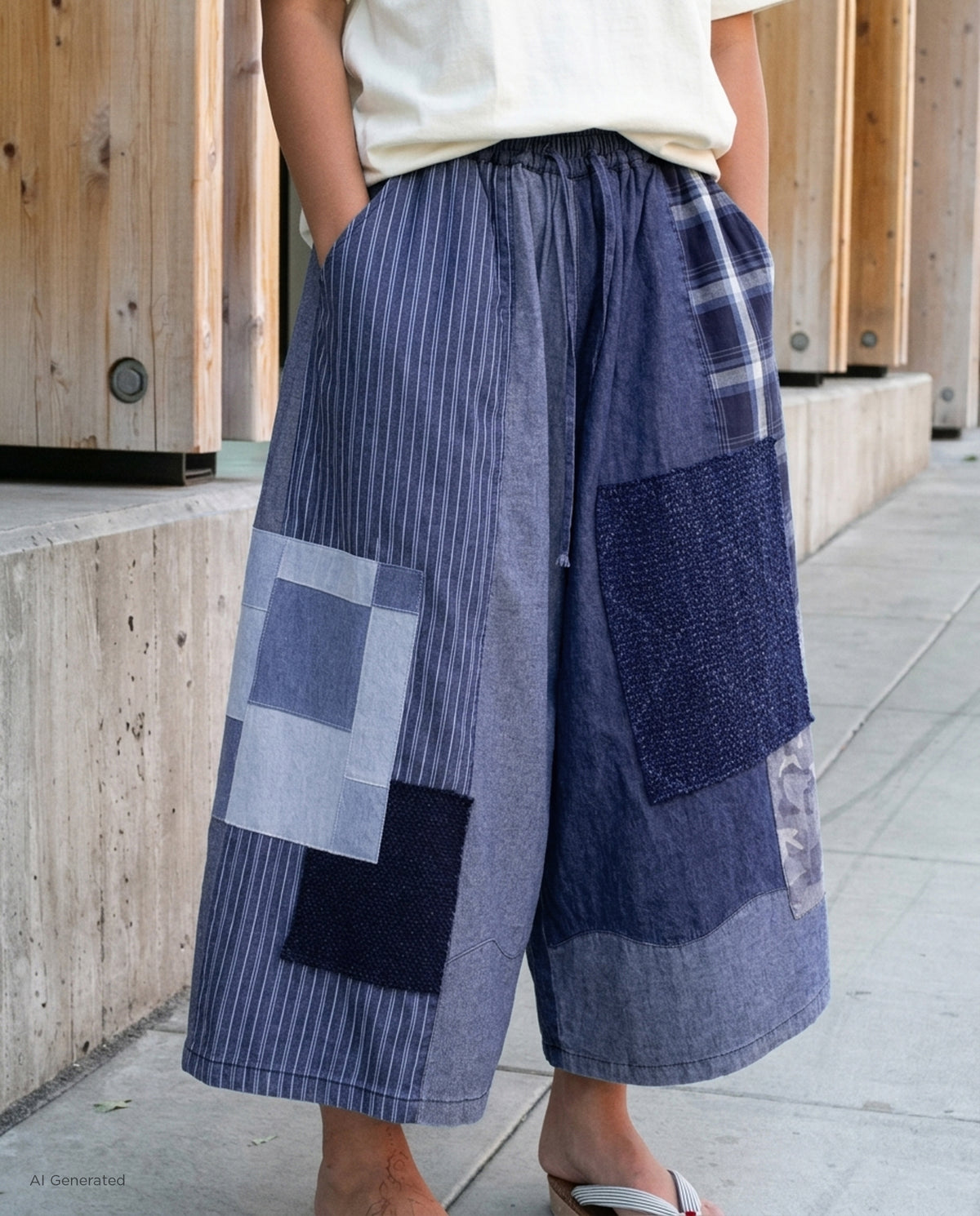 Kiriko Custom Wide Leg Pants, Washed Indigo Patched, Blue Camo
