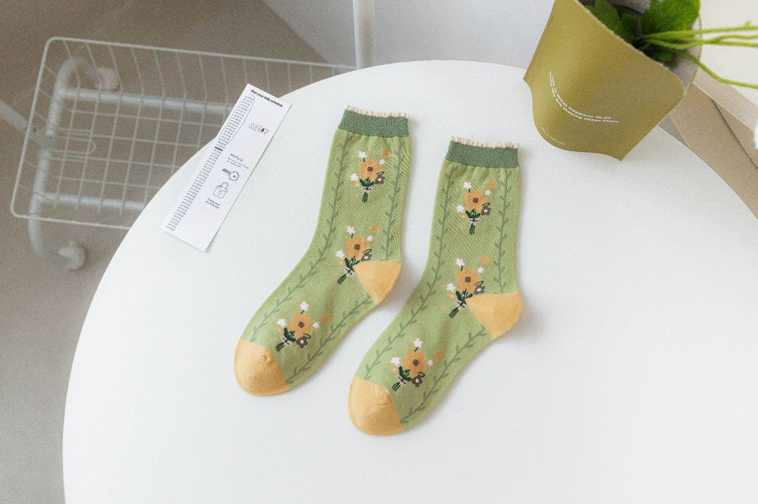 Tourtiwi, Crew Socks, Whimsical Green Floral Bunny