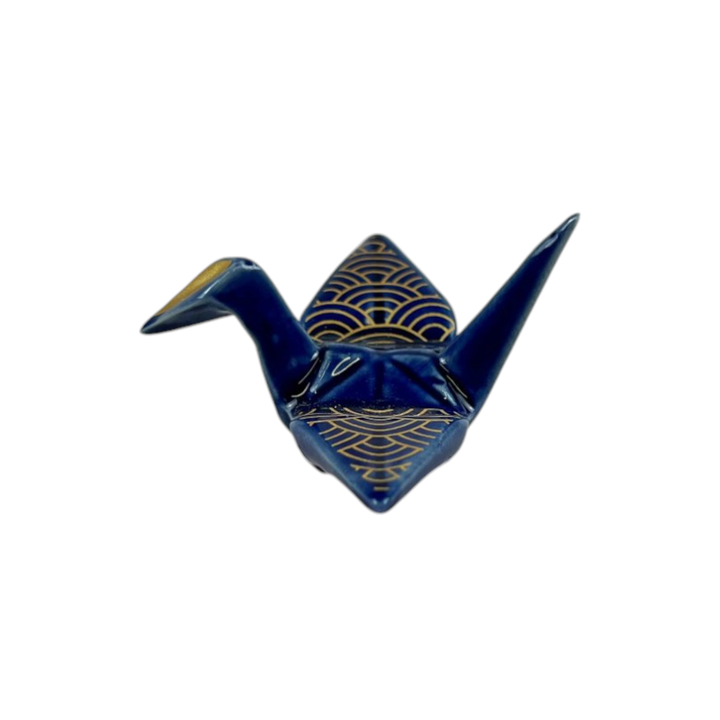 Urban Tokyo, Origami Crane Porcelain Chopsticks Rest 2"L Seigaiha Navy