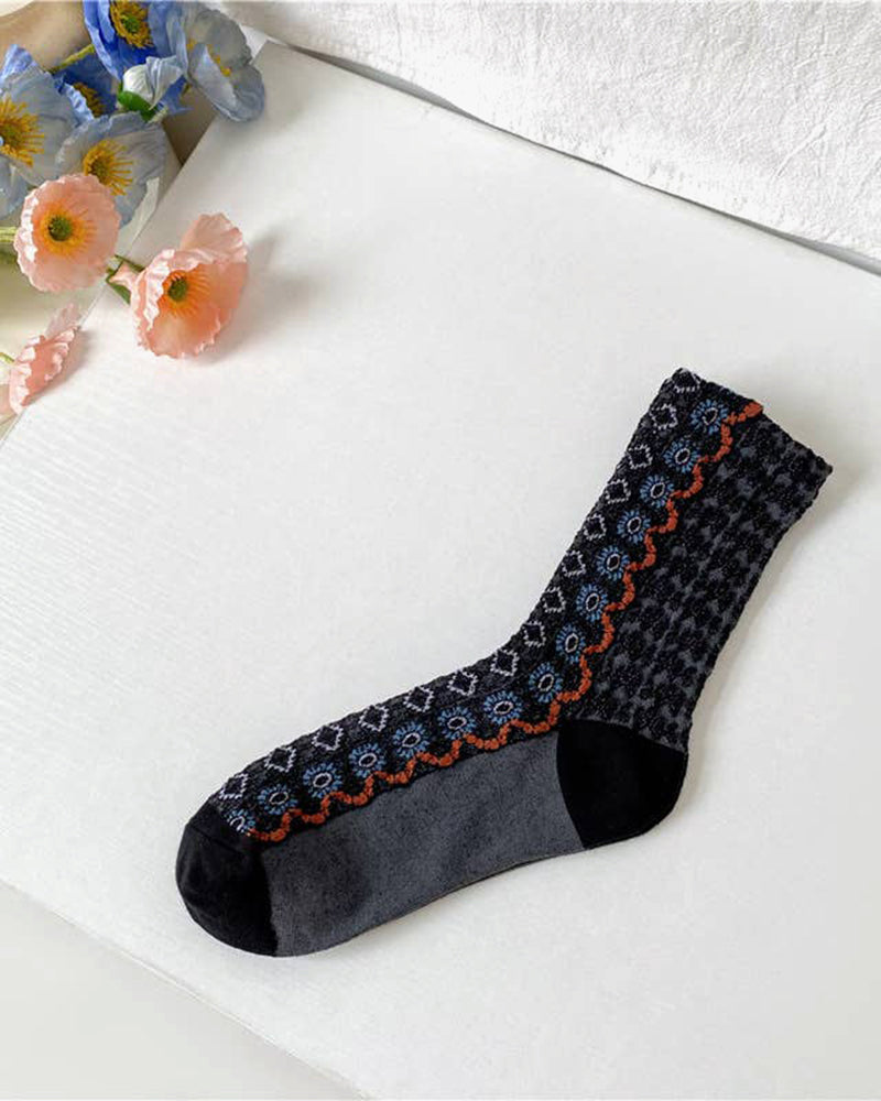 Tourtiwi, Retro Floral Wavy Pattern, Mid-Calf Socks