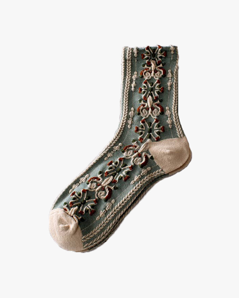 Tourtiwi, Retro Embossed Plants and Flowers, Crew Socks