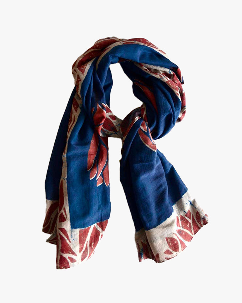 Ichcha, Blue Block Print Scarf, Scarlet &