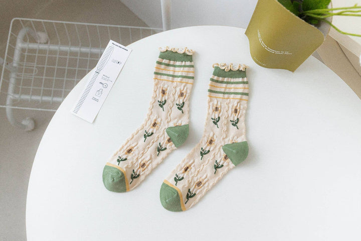 Tourtiwi, Crew Socks, Whimsical Green Floral Bunny