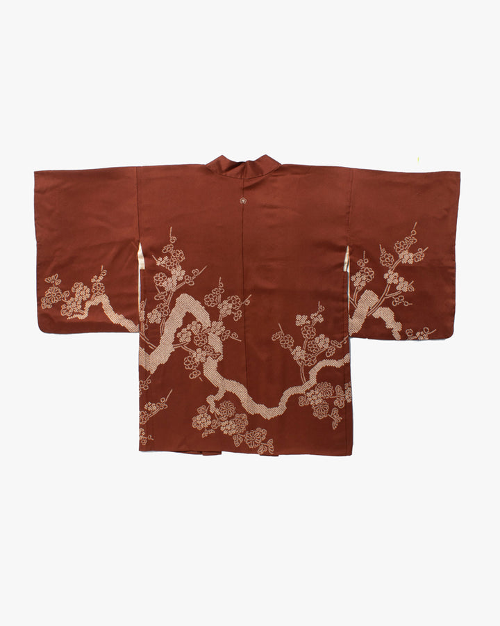 Vintage Haori Jacket, Partial Shibori, Brown Sayagata with Plum Blossoms