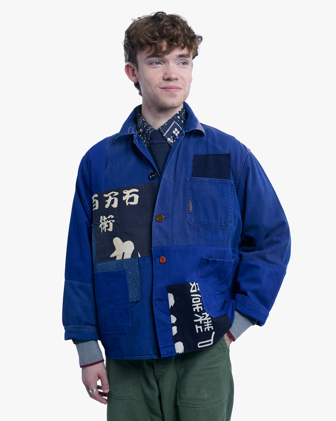 Kiriko Custom, One of a Kind Patched French Workman Jacket, Blue Patched Apron Fabric - 8