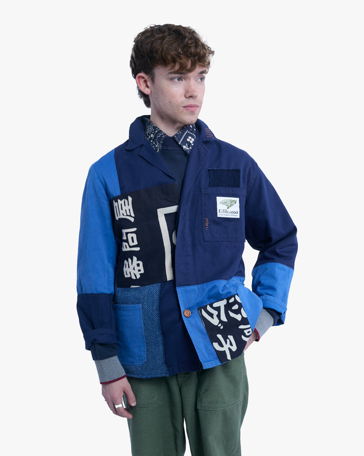 Kiriko Custom, One of a Kind Patched French Workman Jacket, Blue Patched Apron Fabric - 13