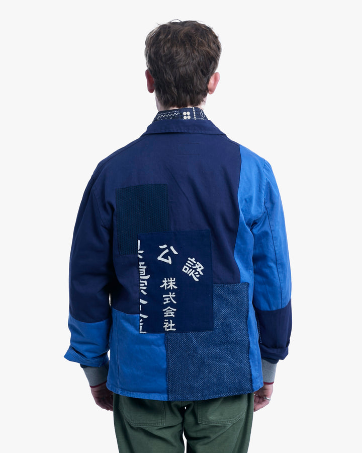 Kiriko Custom, One of a Kind Patched French Workman Jacket, Blue Patched Apron Fabric - 13