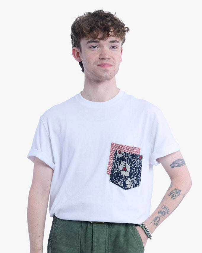 Kiriko Original Tee, 8 oz. US Made, Double Pocket Tee, White, Tsubaki and Red Shibori Style