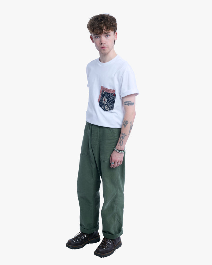 Kiriko Original Tee, 8 oz. US Made, Double Pocket Tee, White, Tsubaki and Red Shibori Style