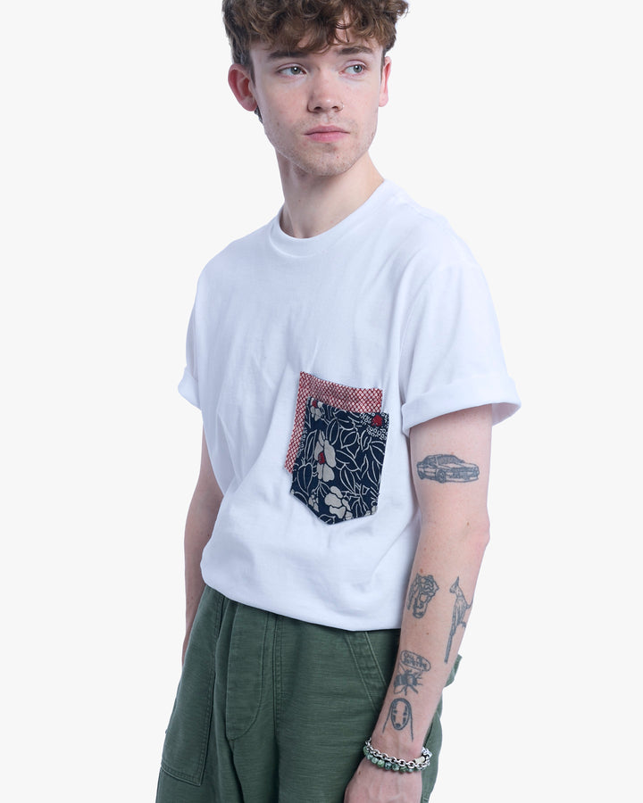 Kiriko Original Tee, 8 oz. US Made, Double Pocket Tee, White, Tsubaki and Red Shibori Style