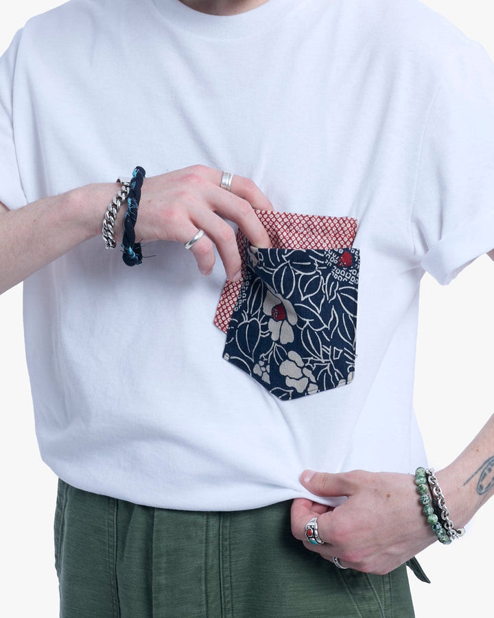 Kiriko Original Tee, 8 oz. US Made, Double Pocket Tee, White, Tsubaki and Red Shibori Style