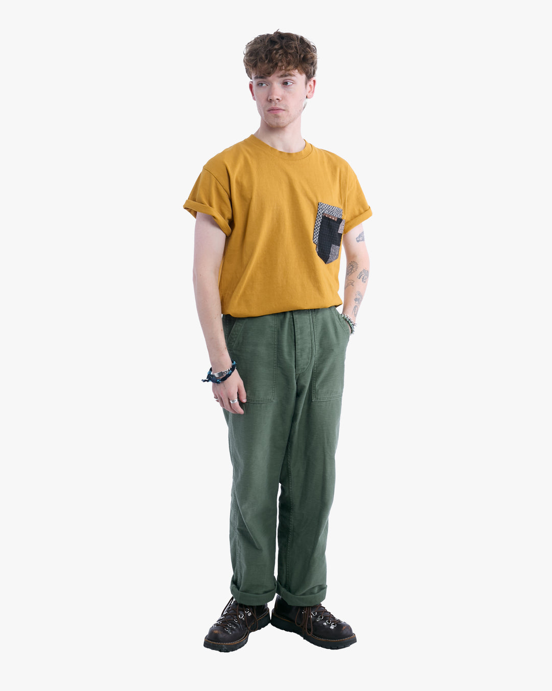 Kiriko Original Tee, 8 oz. US Made, Double Pocket Tee, Yellow, Indigo Shibori and Charcoal Patchwork Style