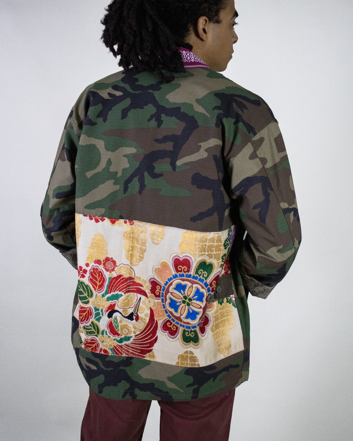 Kiriko Custom Military Jacket, Camo Patched, Red and White Patterned Obi Collar, Copper Cuff, Crane and Plum Blossom Maru Obi Back