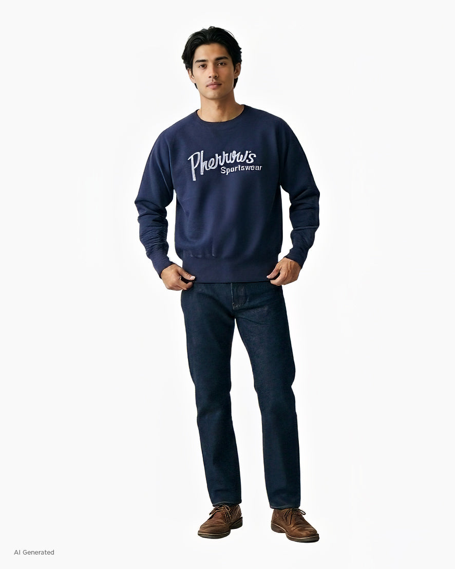 Japanese Repro Long-Sleeve Shirt, L, Pherrow's, Navy with Pherrow's Sportswear Logo