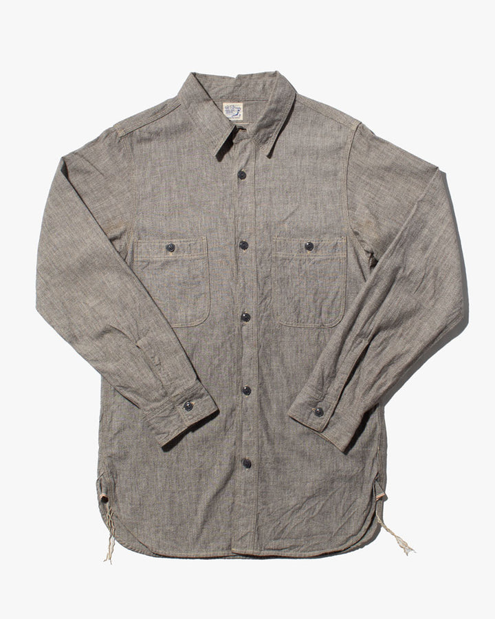 Japanese Repro Work Shirt, Long Sleeve Broken Twill Button-Up, Grey- 2