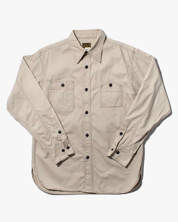 Japanese Repro Work Shirt, Custom Chain Stitched Long Sleeve Button-Up, Cream Japanese Repro Work Shirt, Custom Chain Stitched Long Sleeve Button-Up, Cream