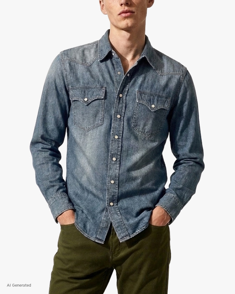 Japanese Repro Long-Sleeve Shirt, M, Fob Factory, Faded Blue Denim with Single Point Pockets