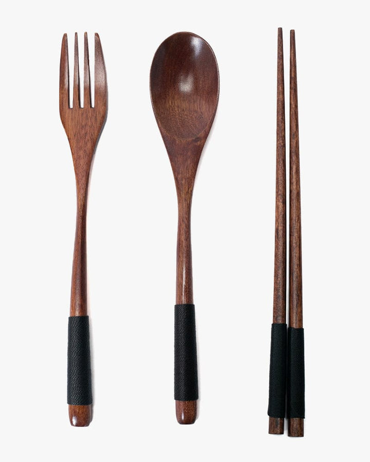 Wooden Utensils, Chopsticks, Spoon, and Fork Set of 3 With Black Accents
