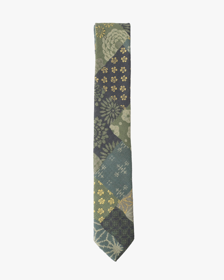Kiriko Original Tie, Patchwork Style, Sage and Gold