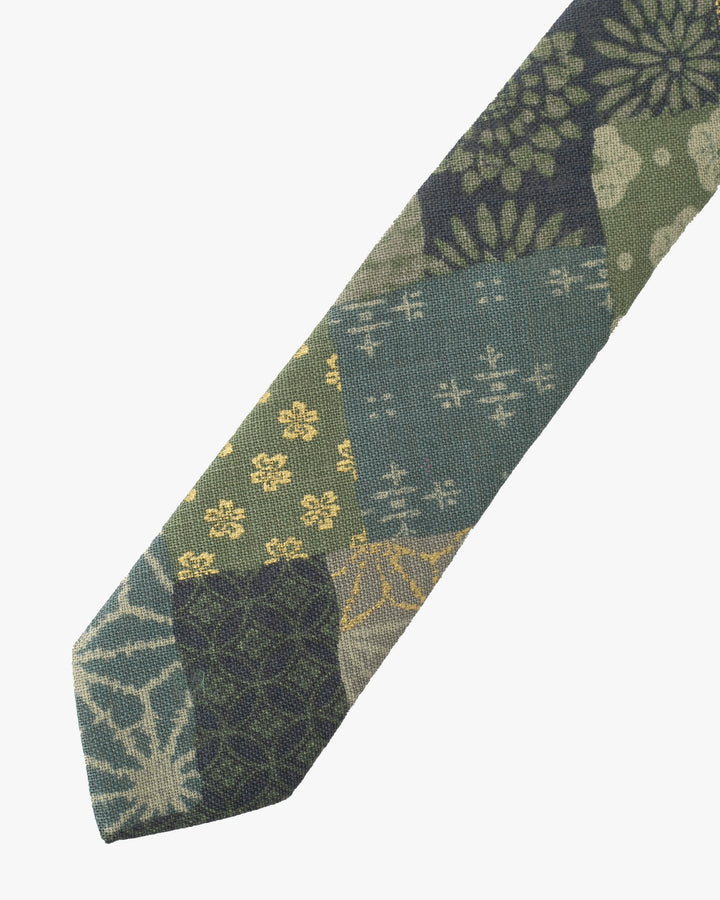 Kiriko Original Tie, Patchwork Style, Sage and Gold