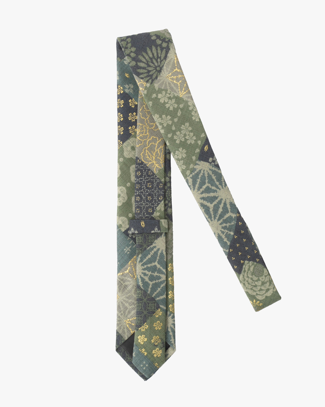 Kiriko Original Tie, Patchwork Style, Sage and Gold