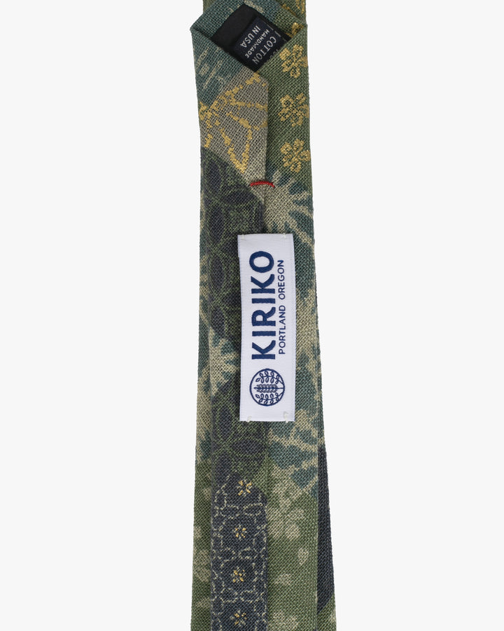 Kiriko Original Tie, Patchwork Style, Sage and Gold