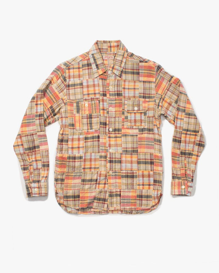 Japanese Repro Shirt, Sugar Cane and Co. Brand, Orange and Red Patchwork Flannel - S