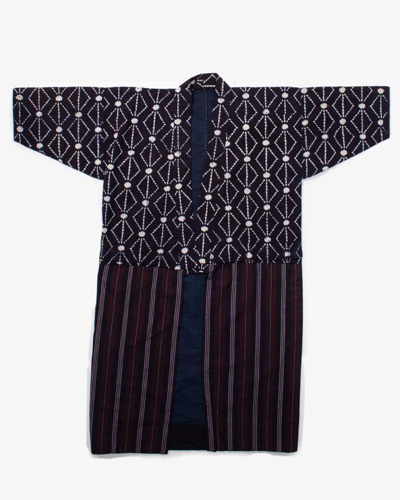 Vintage Noragi Robe, Lavender and Red Shima and Indigo Kasuri
