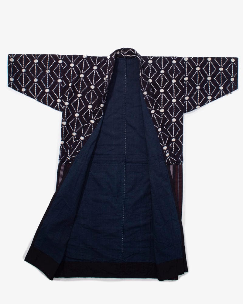 Vintage Noragi Robe, Lavender and Red Shima and Indigo Kasuri