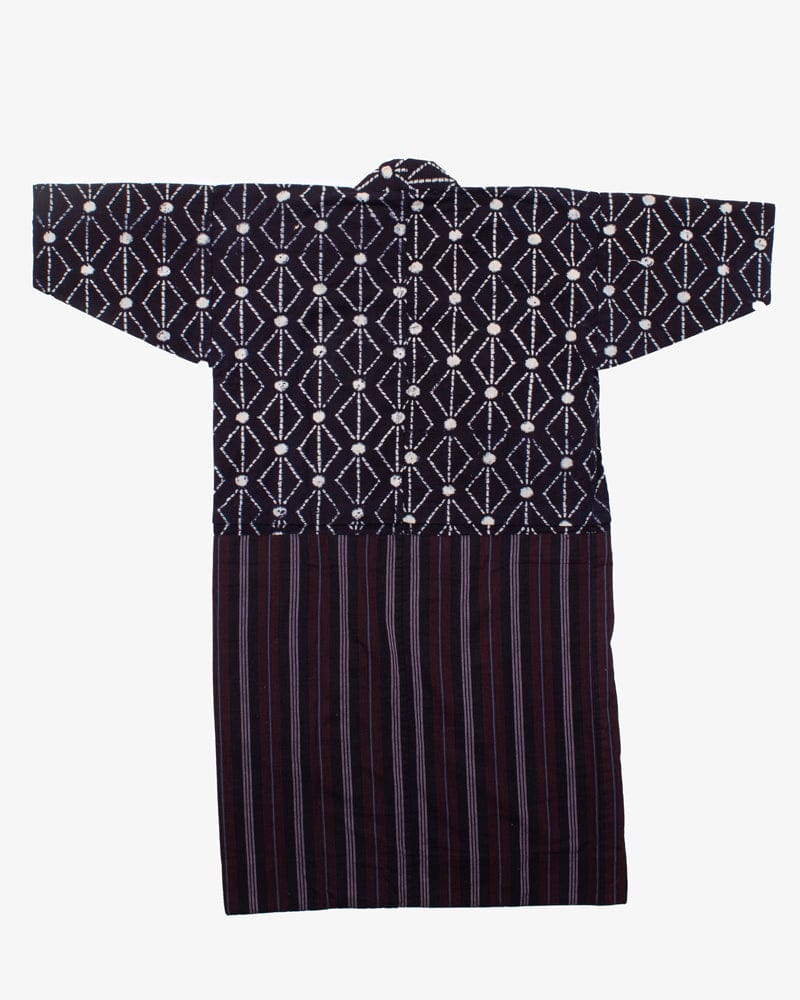 Vintage Noragi Robe, Lavender and Red Shima and Indigo Kasuri