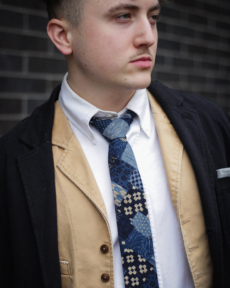 Indigo patchwork tie by Kiriko Made