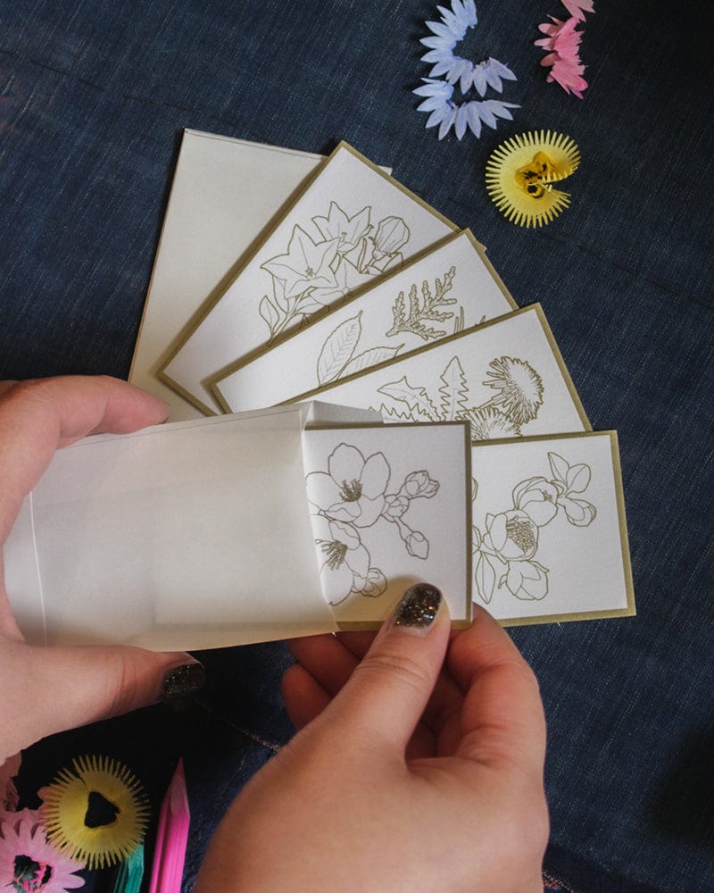 Greeting Cards, Mini, Floral Color-In, White and Gold