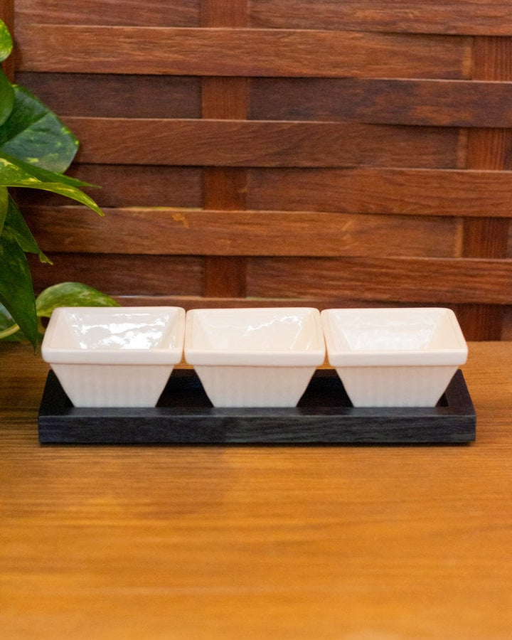 Aola, White Bowl Set of 3 with Indigo-Dyed Sugi Tray (POS ONLY)