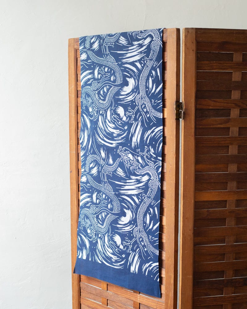 Aizawa indigo tenugui with dragon motif at Kiriko Made