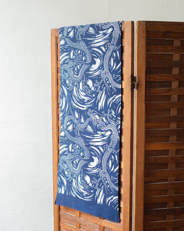 Aizawa indigo tenugui with dragon motif at Kiriko Made