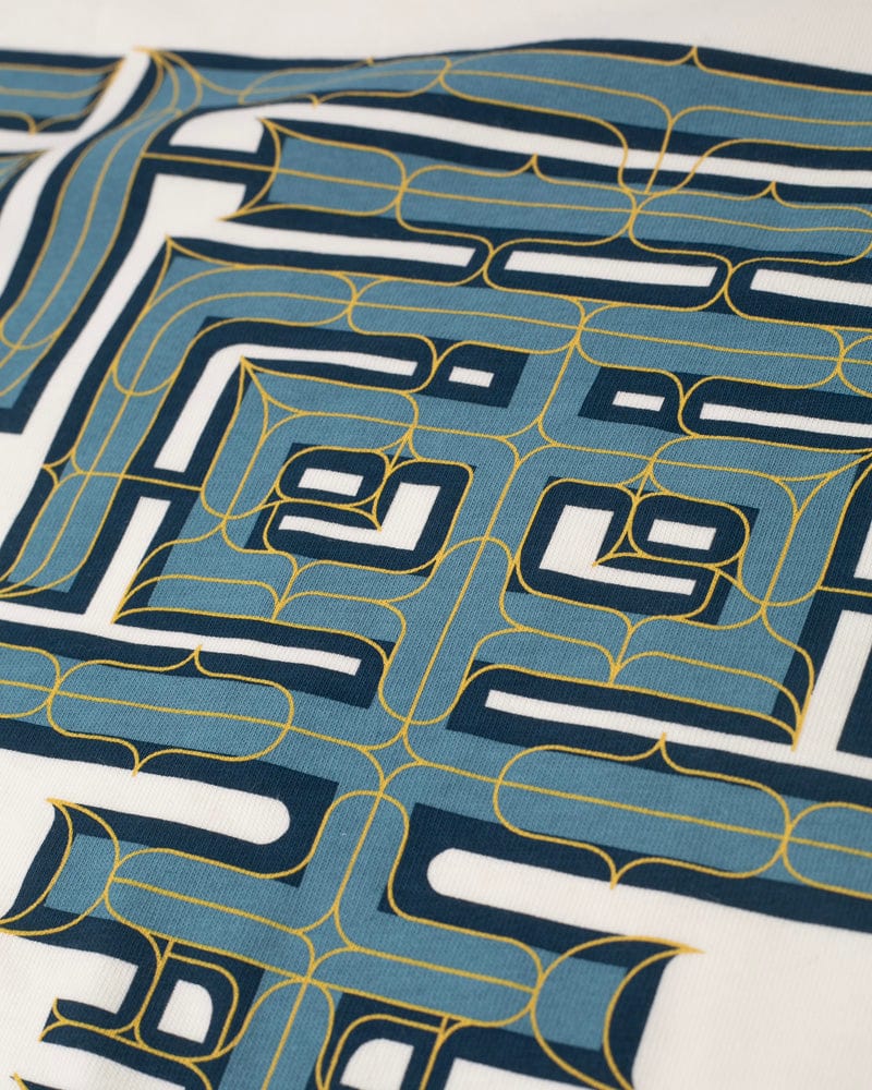 Kiriko Original Ainu Tee, Cream with Indigo, Sky Blue and Gold
