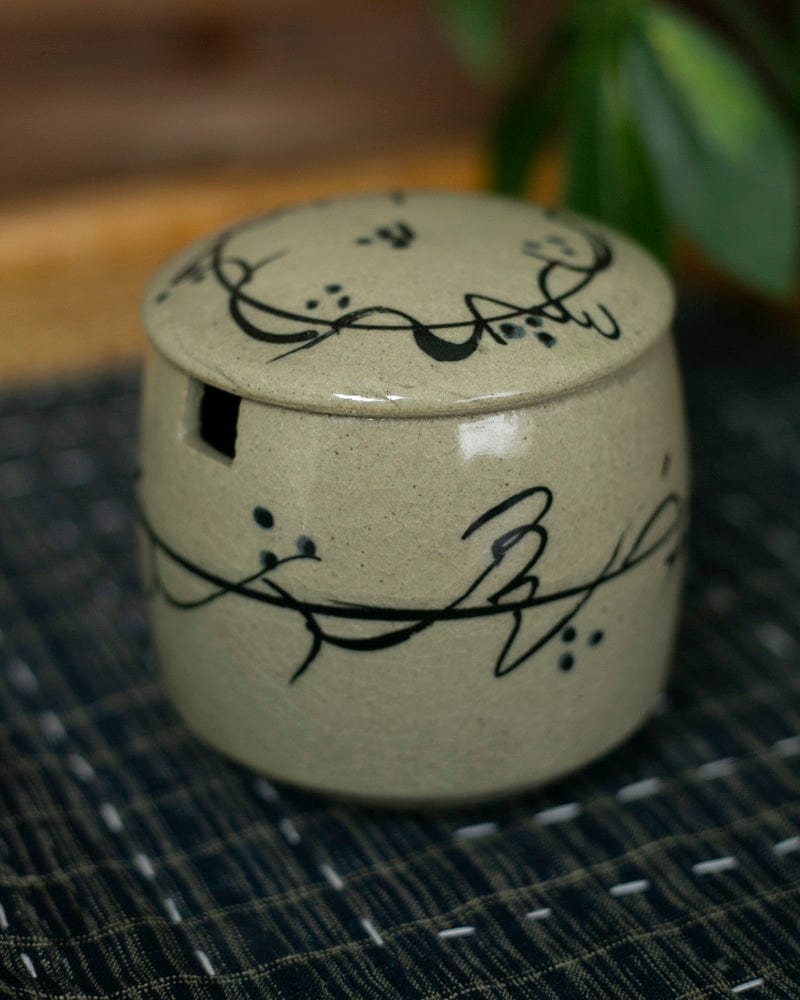 Mashiko-Yaki Spice Container, Cream with Black Accents