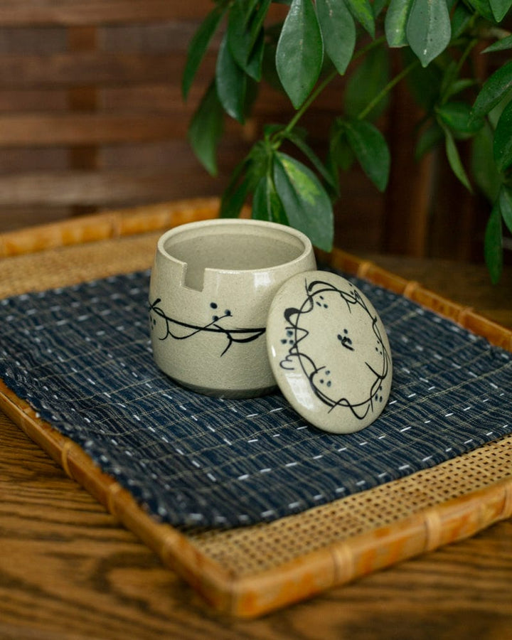 Mashiko-Yaki Spice Container, Cream with Black Accents