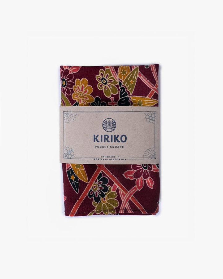 Kiriko Original Pocket Square, Burgundy Kiku and Take with Hishi